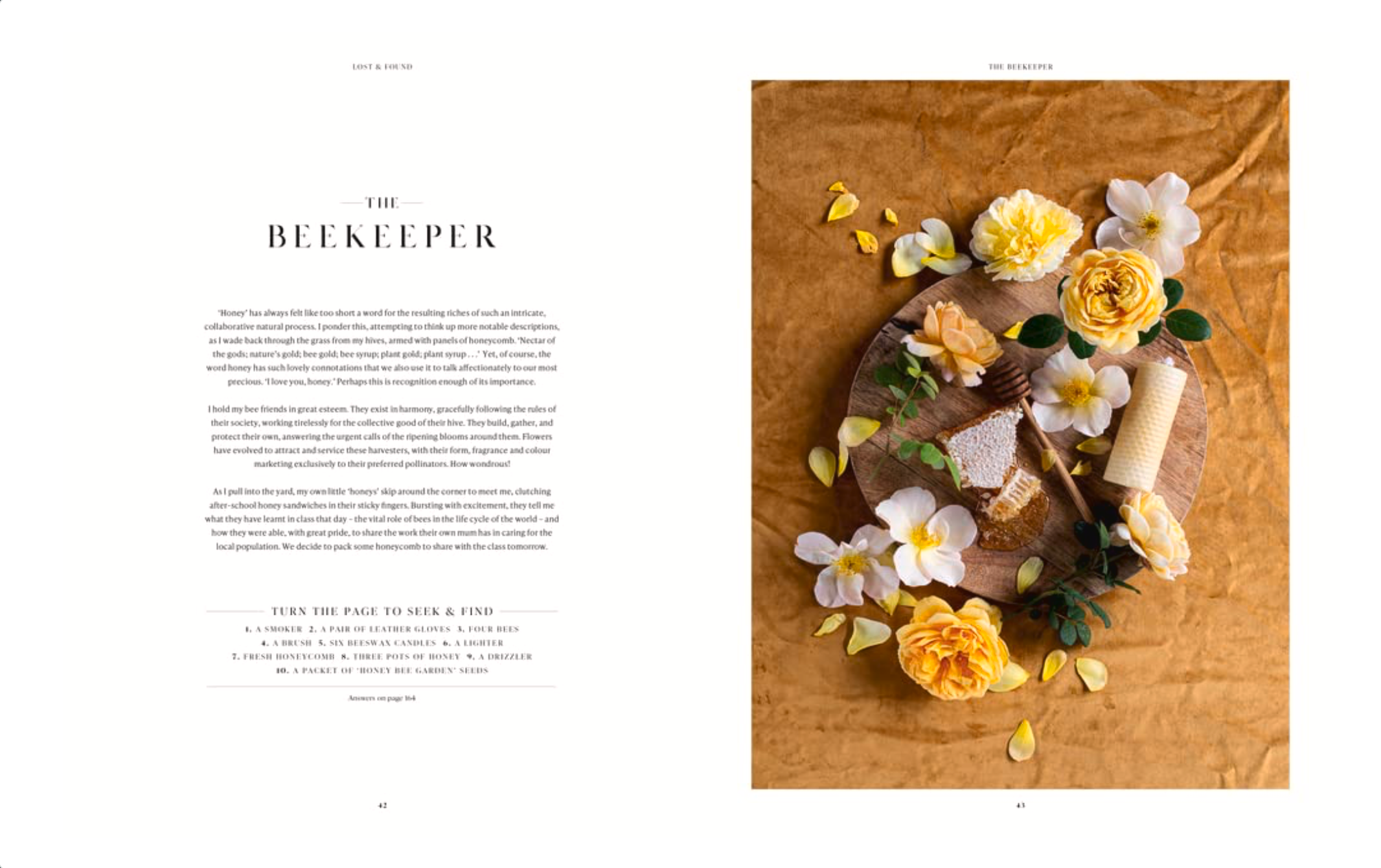 Book Lost and Found Wooden plate with flowers and candles on a wooden surface, accompanied by text on the left.