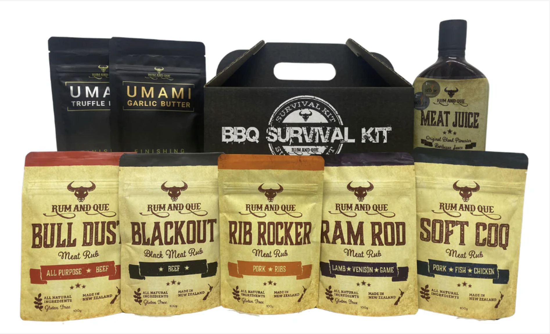 Assorted barbecue meat rub packages with a BBQ survival kit on a white background