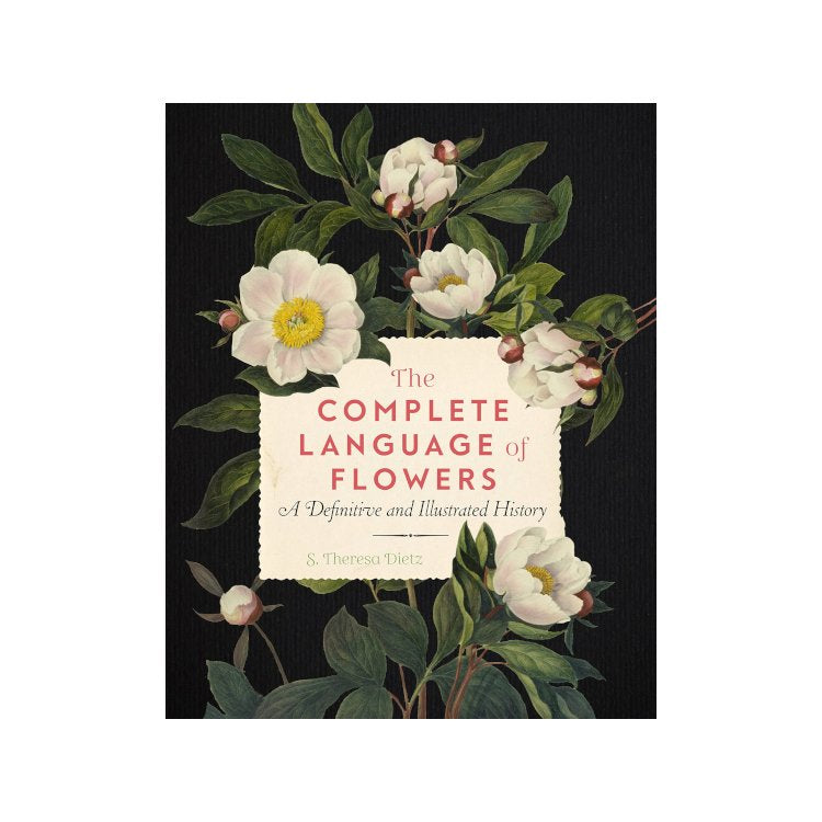 A book of the complete Language of Flowers with a green vase of peonies