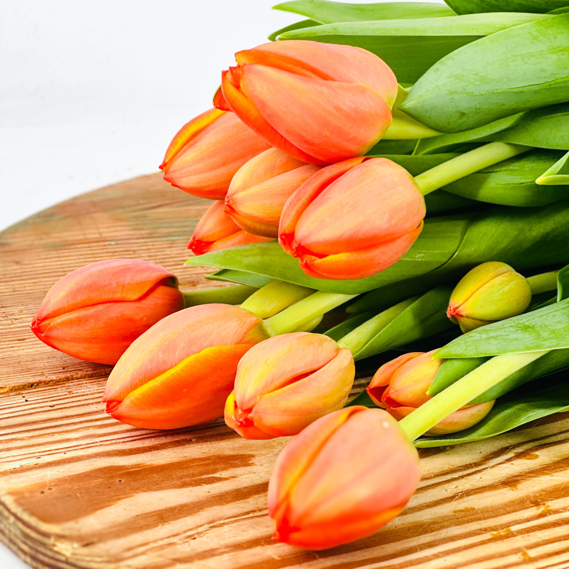 Bouquet of orange tulips stems on a wooden florist bench