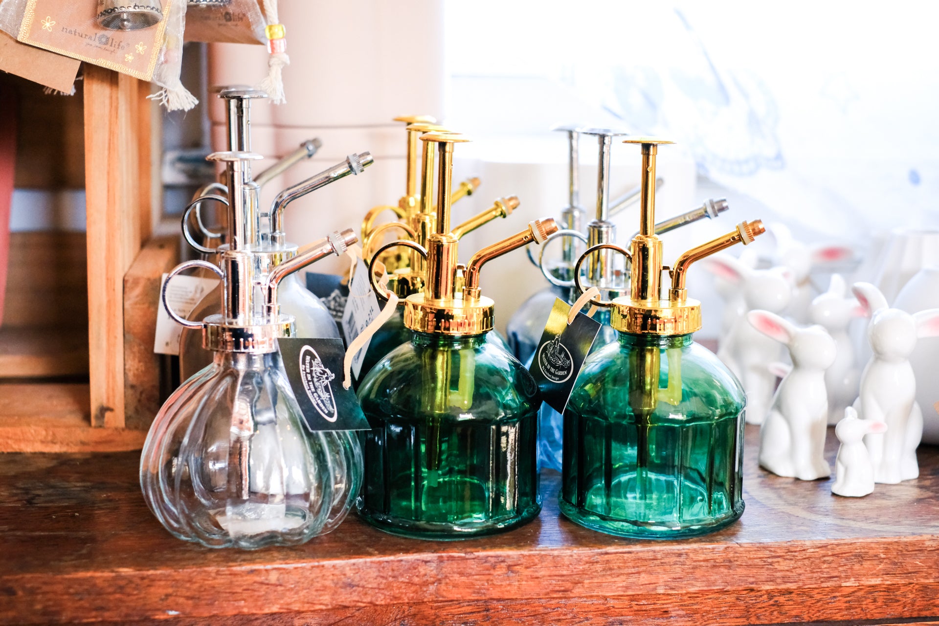 Glass plant mister with metal spout