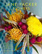 Book cover of 'Flowers' by Jane Packer with a colorful flower arrangement on a blue background.