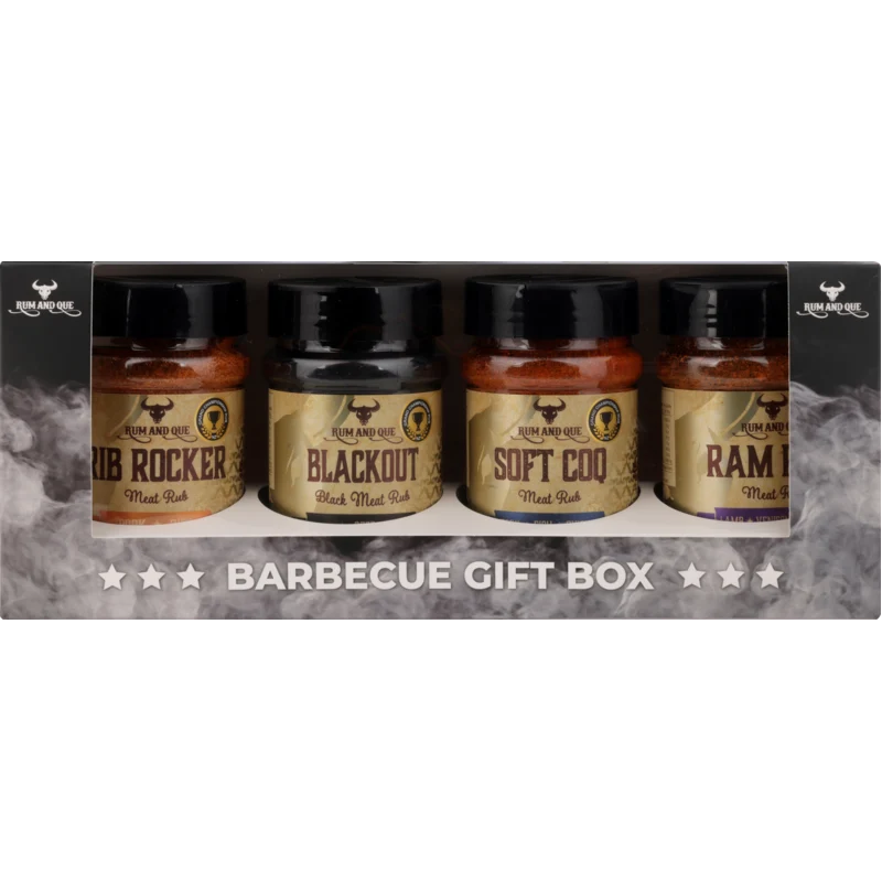 A boxed set of four Smokey's BBQ sauce jars labeled Club Rocker, Blackout, Soft Cook, and Rambling, presented in a gift box with a smoky graphic background.