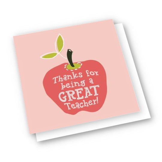 Card with an apple on it that says thanks for being a great teacher