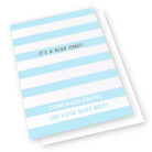 Baby shower card with blue and white stripes and text.