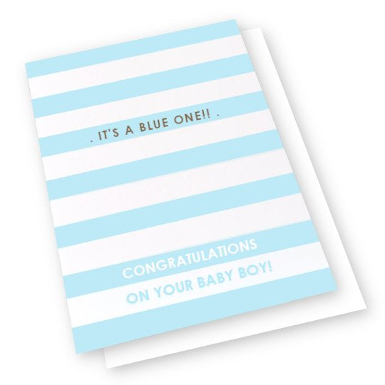 Baby shower card with blue and white stripes and text.