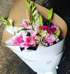 pink bouquet of pink lilies, hydrangeas, dahlias