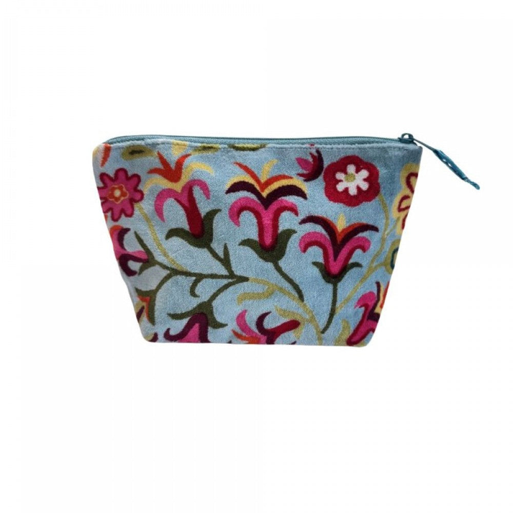 blue velvet makeup bag with flowers