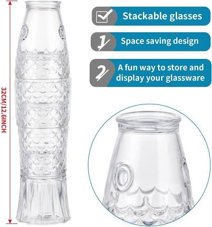 Stack of glasses that form a fish when stacked and flowers in a collection