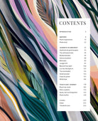 Table of contents page with colorful abstract design on a book or magazine cover.